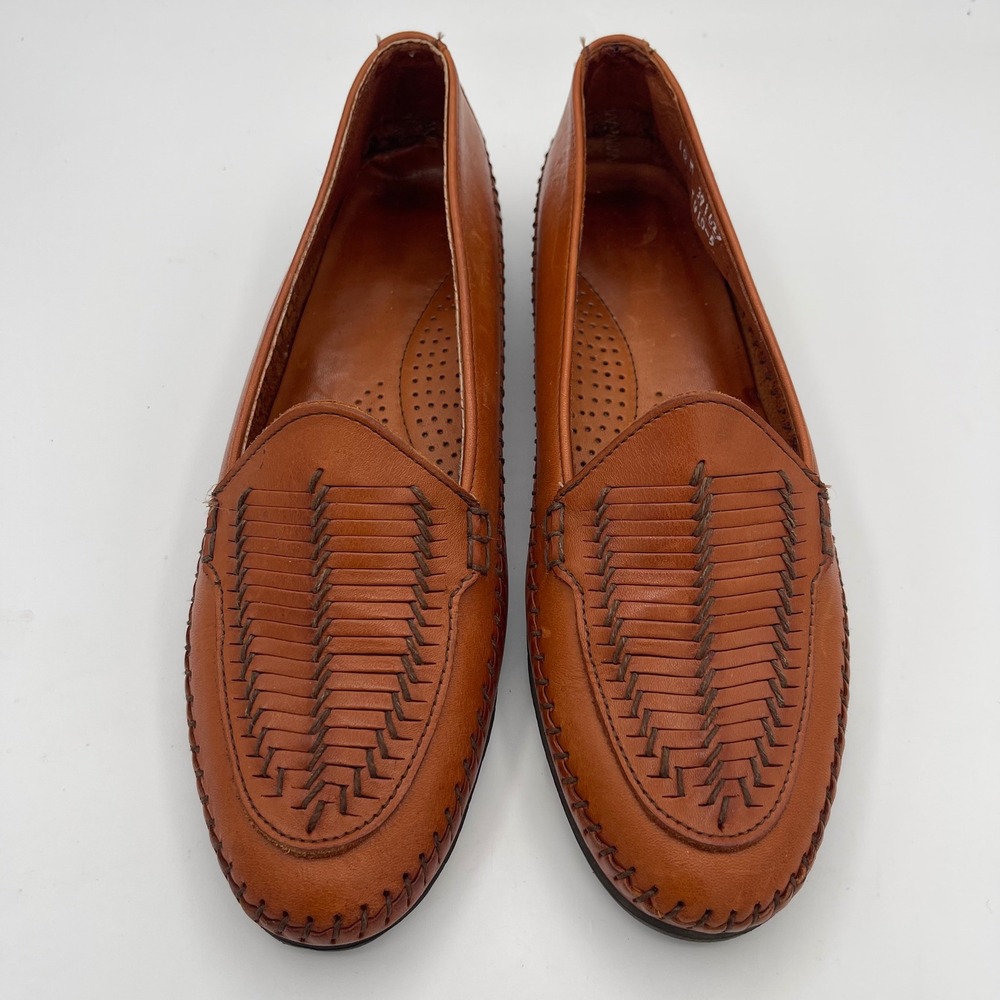 Dexter USA Vintage Cognac Brown Leather Woven Chevron Loafers Womens 10 M T410-5